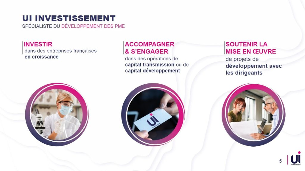 Design d'une slide de présentation powerpoint réalisée par Your-Slide pour UI Investissement. 3 bulles et 3 missions clés pour présenter les services de l'entreprise !